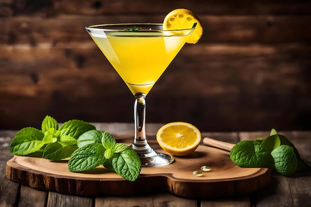 Uma taça de martini com folhas de hortelã e rodelas de limão.