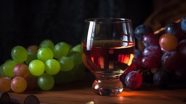 Uma taça de vinho ao lado de um cacho de uvas