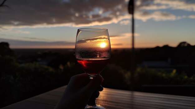 Uma taça de vinho é levantada para o céu ao pôr do sol.