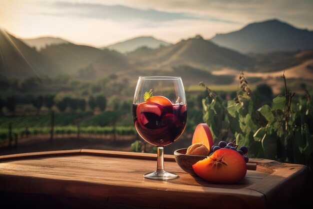 Uma taça de vinho e um pêssego sobre uma mesa em frente a uma paisagem montanhosa.