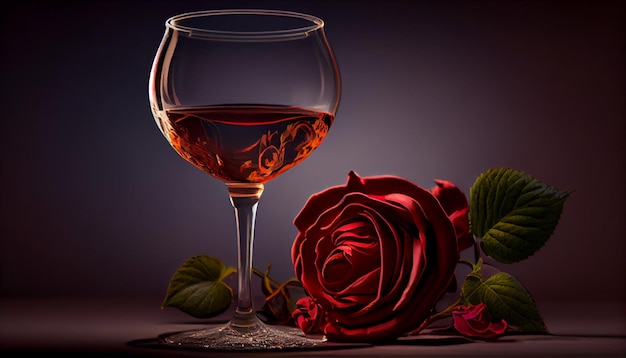 Uma taça de vinho e uma rosa sobre uma mesa