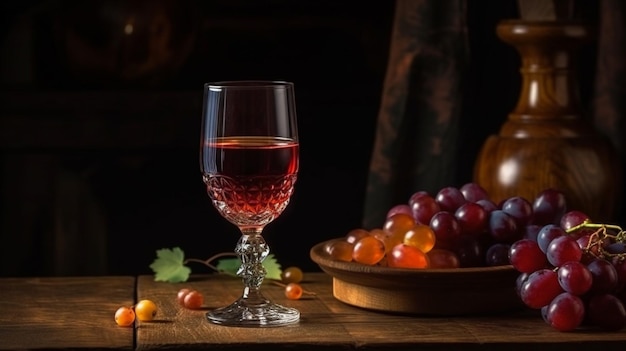 Uma taça de vinho e uma tigela de uvas em uma mesa