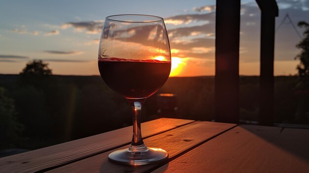 Uma taça de vinho está sobre uma mesa ao pôr do sol.