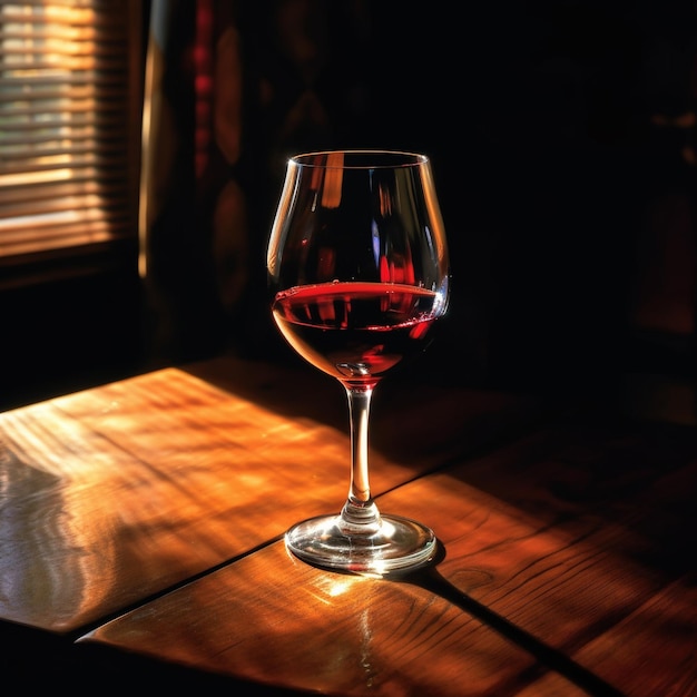 uma taça de vinho está sobre uma mesa de madeira.