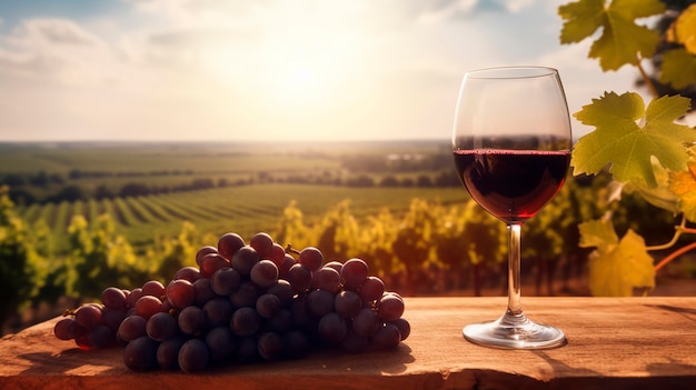 Uma taça de vinho sobre uma mesa com um cacho de uvas com vista para um campo ensolarado de verão com vinhedos Generative AI