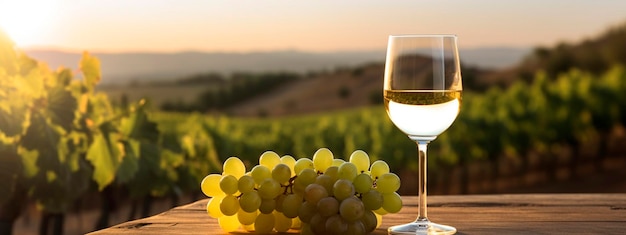 Uma taça de vinho sobre uma mesa com um cacho de uvas com vista para um campo ensolarado de verão com vinhedos Generative AI
