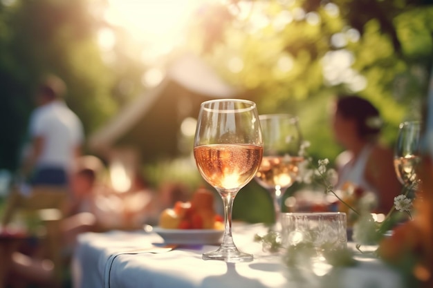 Uma taça de vinho sobre uma mesa com um casal sentado ao fundo