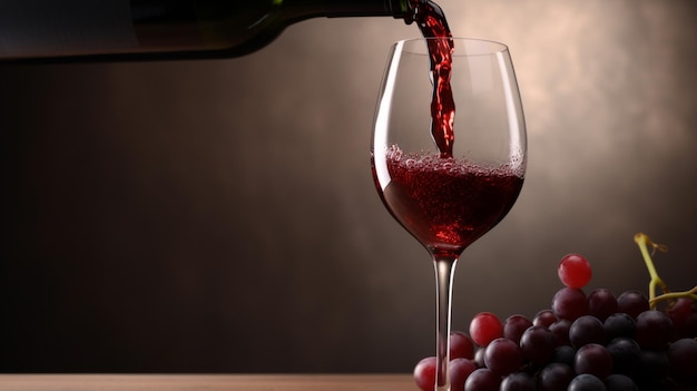 Uma taça de vinho tinto está sendo despejada em uma taça de vinho.