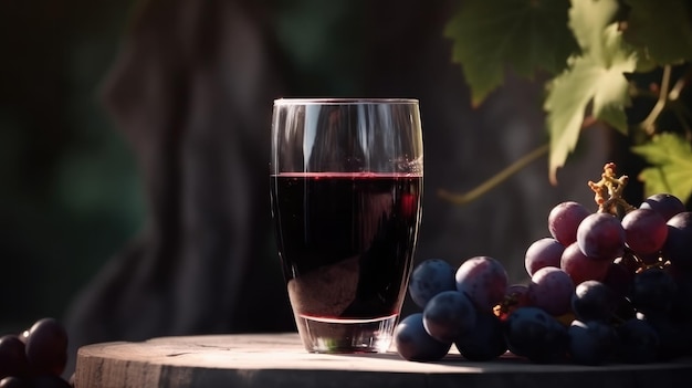 Uma taça de vinho tinto está sobre uma mesa ao lado de um cacho de uvas.