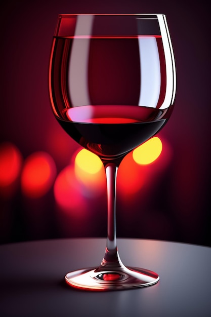 Uma taça de vinho tinto está sobre uma mesa com fundo vermelho.