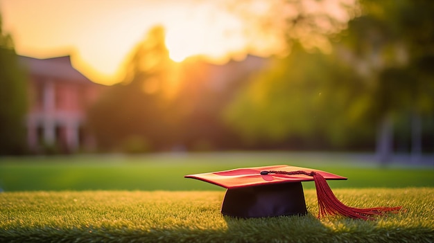uma tampa de graduação senta-se na grama com o sol