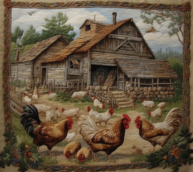 Uma tapeçaria com galinhas e um celeiro ao fundo.