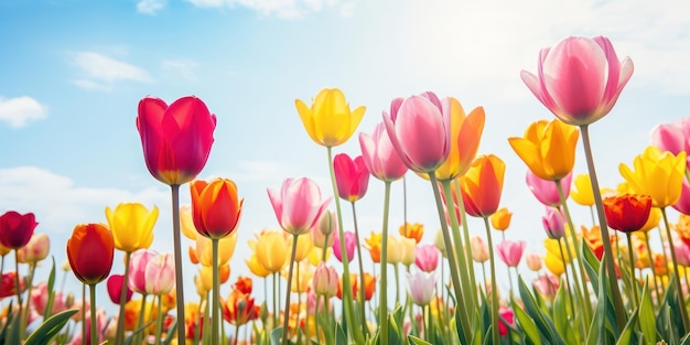 Uma tapeçaria de flores Panorama de um campo de tulipas com diferentes tipos