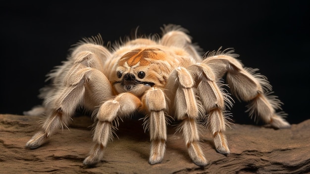 Uma tarântula em um log com um fundo preto