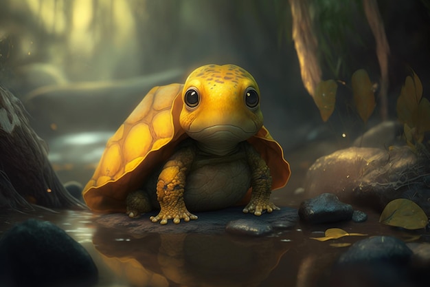 Uma tartaruga com casco amarelo senta-se em um riacho.