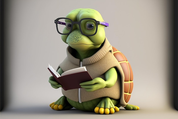 Uma tartaruga com óculos lendo um livro
