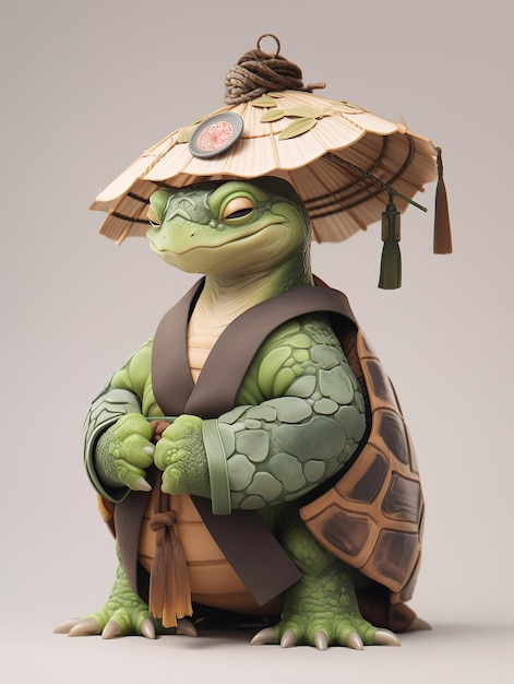 Uma tartaruga com um chapéu japonês está sentada sobre uma mesa.