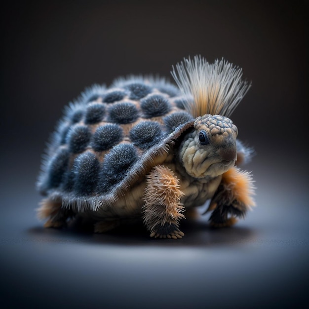 Foto uma tartaruga com um tufo de cabelo na cabeça é mostrada em um fundo escuro.