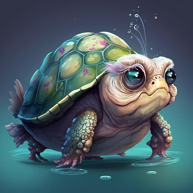 Uma tartaruga com uma lágrima no rosto está na água.