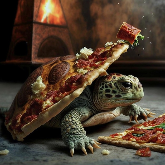 Uma tartaruga com uma pizza na cabeça