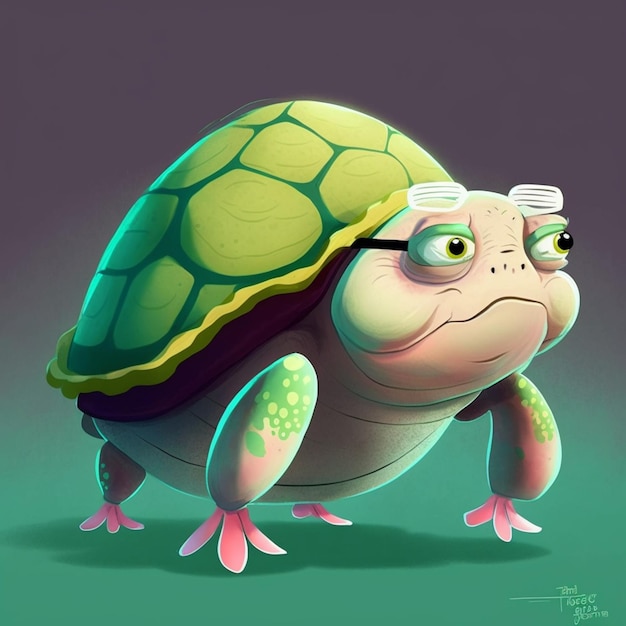 Uma tartaruga de desenho animado com óculos e uma tartaruga nele