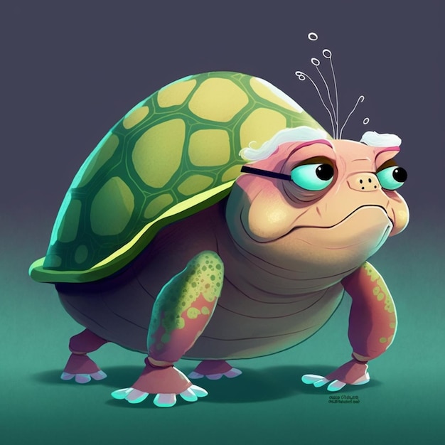 Uma tartaruga de desenho animado com uma lágrima no olho