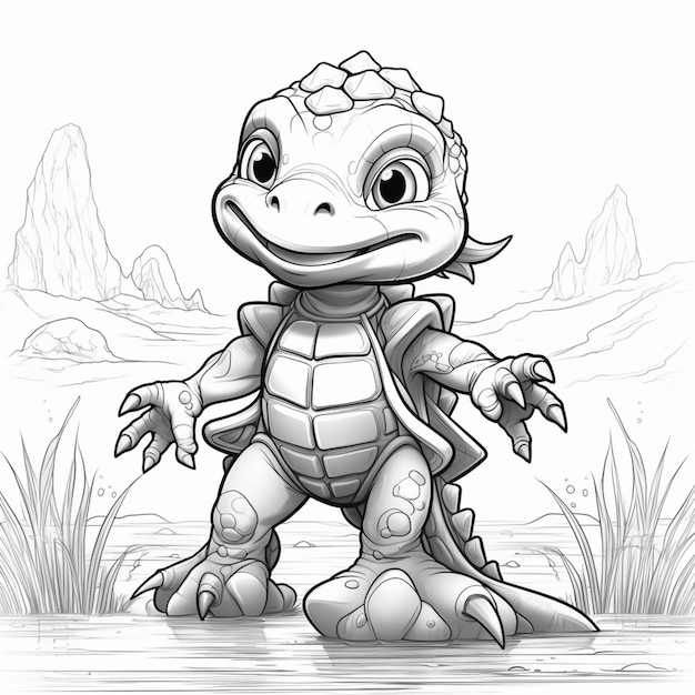 Uma tartaruga de desenho animado está de pé na água com uma mochila generativa ai