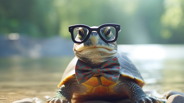 Uma tartaruga de óculos e gravata borboleta está sentada em uma pedra.