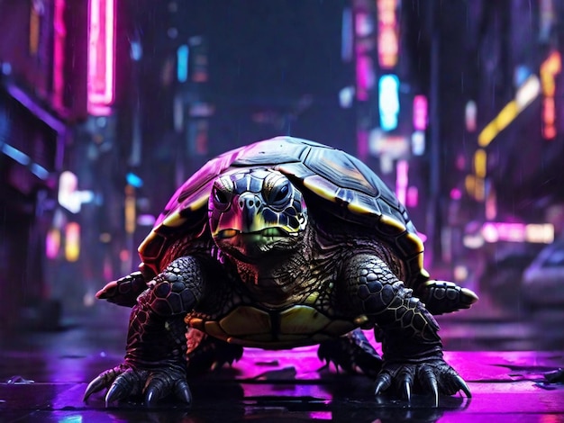 Uma tartaruga em uma cidade Cyberpunk cercada por luzes de néon