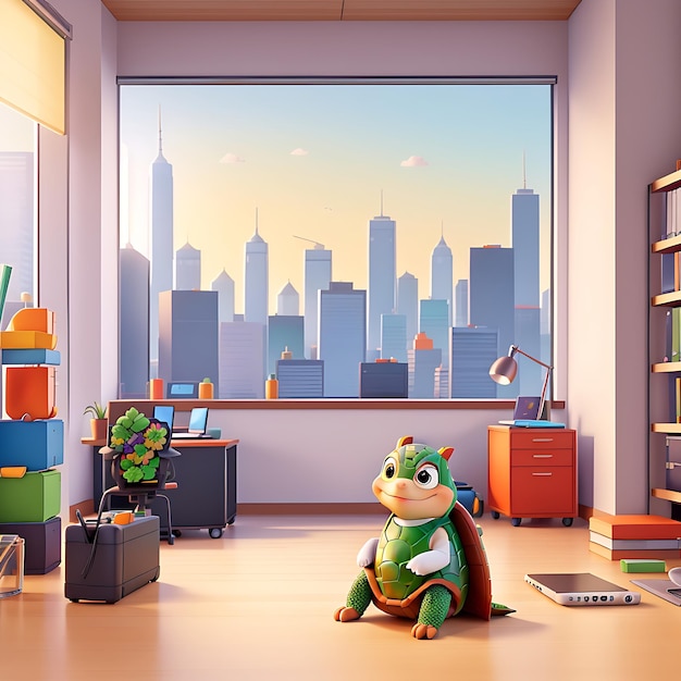 Uma tartaruga empoleirada no chão em uma sala de escritório moderna com vista para o horizonte da cidade