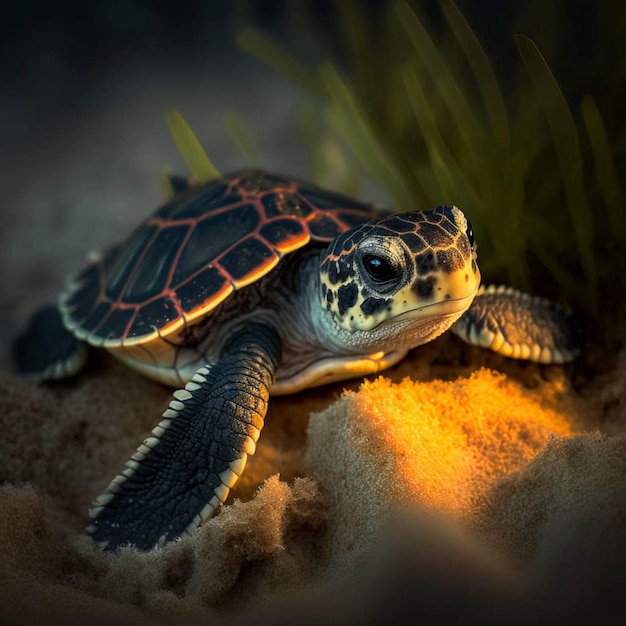 Uma tartaruga está deitada na areia com o sol brilhando sobre ela.