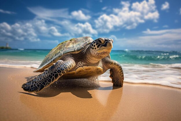 uma tartaruga está na praia e está olhando para o oceano