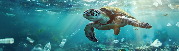 Uma tartaruga marinha nadando em águas oceânicas cheias de poluição plástica
