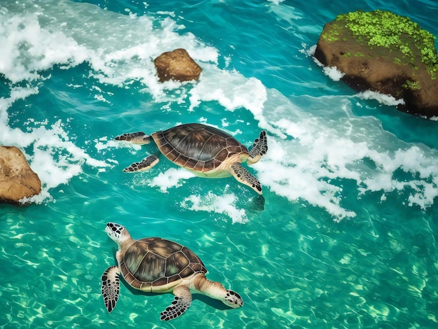 Uma tartaruga marinha nadando no oceano em frente a uma ilha tropical ai gerado