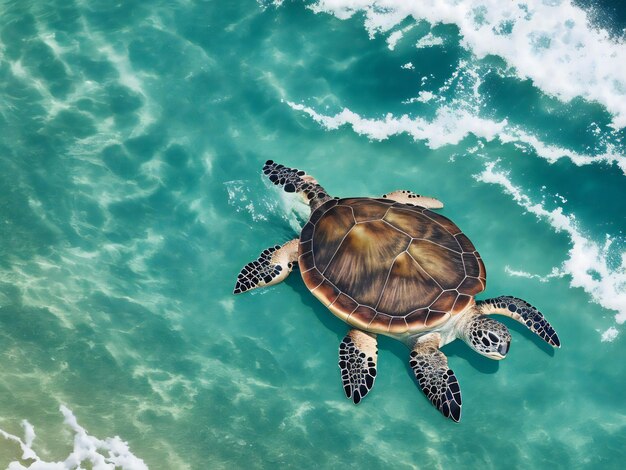 Uma tartaruga marinha nadando no oceano em frente a uma ilha tropical ai gerado