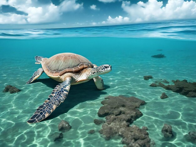 Uma tartaruga marinha nadando no oceano em frente a uma ilha tropical ai gerado