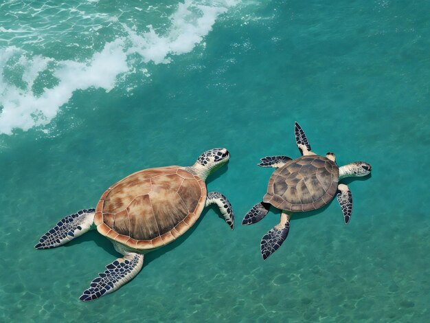 Uma tartaruga marinha nadando no oceano em frente a uma ilha tropical ai gerado