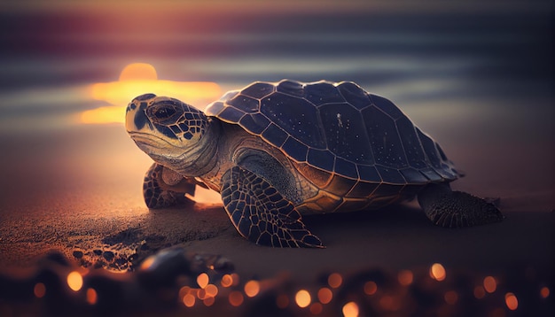 Foto uma tartaruga na praia ao pôr do sol