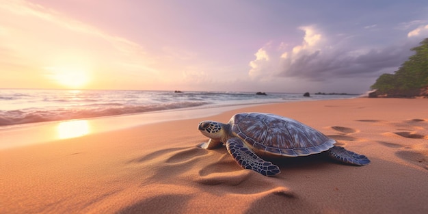 Uma tartaruga na praia ao pôr do sol