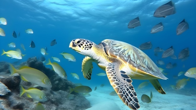 Uma tartaruga nada sob a água com um cardume de peixes ao fundo.
