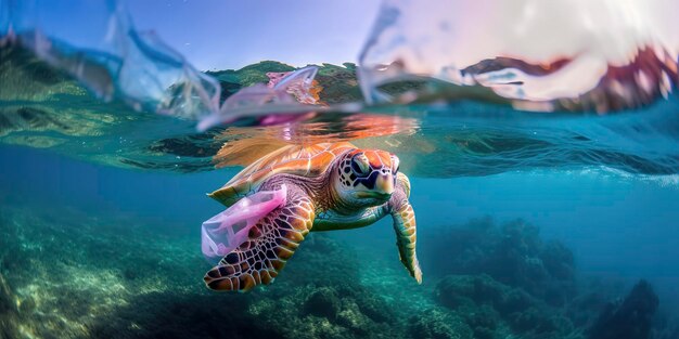 Foto uma tartaruga nada sob um saco plástico no oceano.