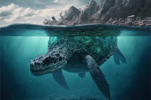 Foto uma tartaruga nadando debaixo d'água com montanhas ao fundo