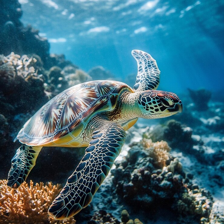 Foto uma tartaruga nadando em um recife de coral com uma tartaruга nadando ao fundo
