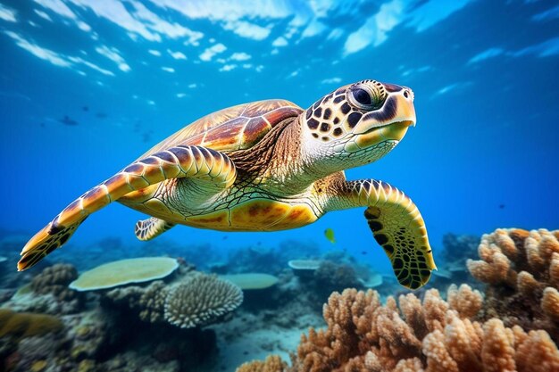 uma tartaruga nadando em um recife de coral com uma tartaruга nadando por