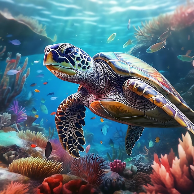 uma tartaruga nadando em um recife de coral com uma tartaruga nadando.