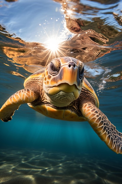 uma tartaruga nadando no oceano com o sol brilhando