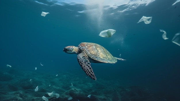 Uma tartaruga nadando no oceano com um saco plástico ao fundo.