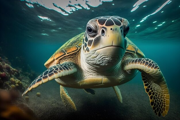 Uma tartaruga nadando sob a água com o sol brilhando sobre ela.