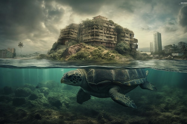 Uma tartaruga nadando sob um céu nublado com uma cidade ao fundo.