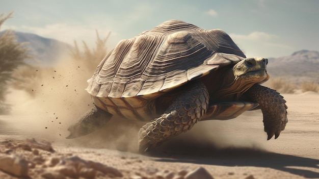 Uma tartaruga no deserto com poeira voando ao seu redor generative ai